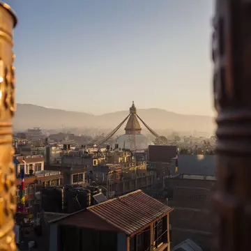 Morning light shines on Bodhnath Stupa in Nepal.