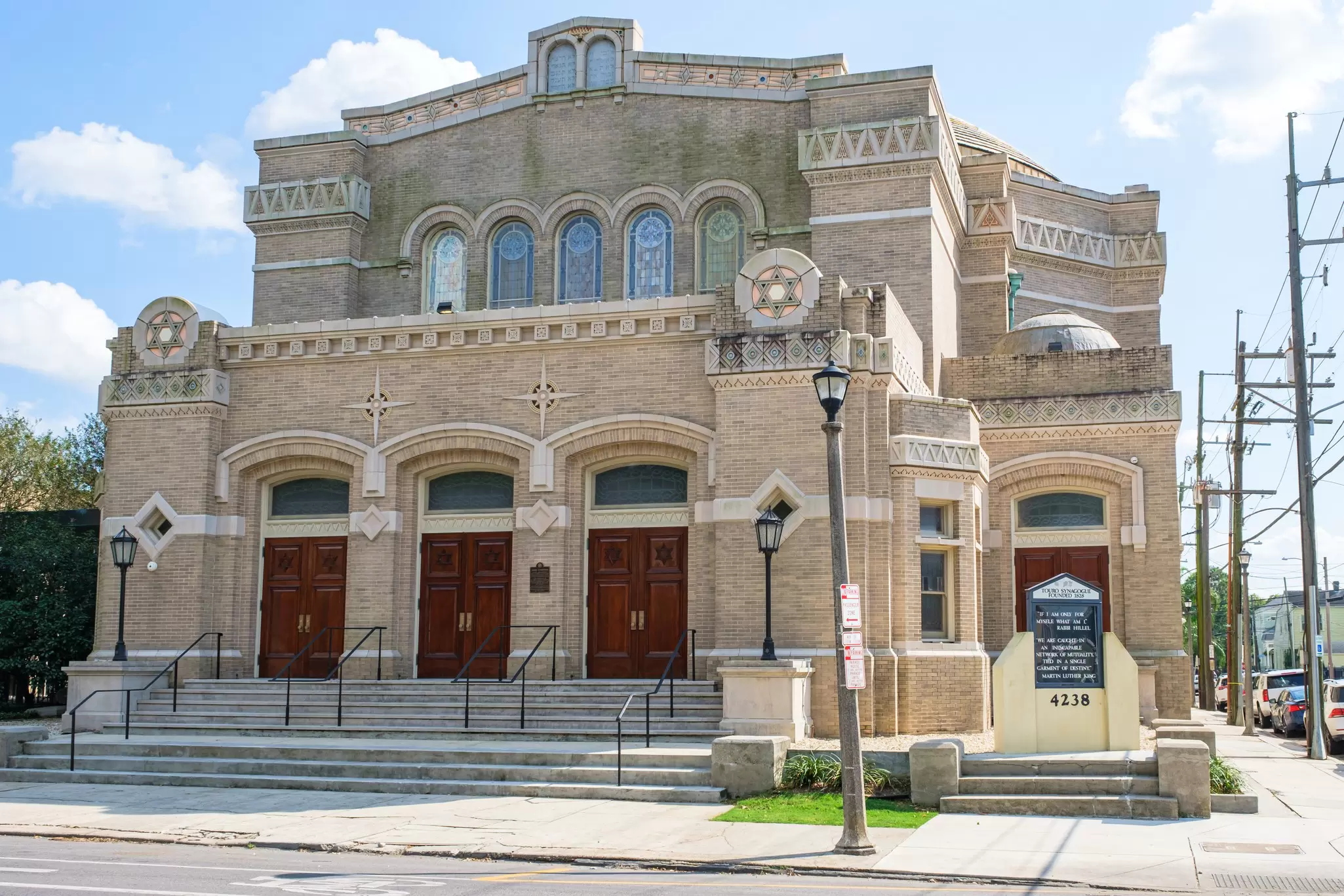 Exterior view of the Touro Synagogue on St. Charles Avenue in New Orleans, Louisiana.