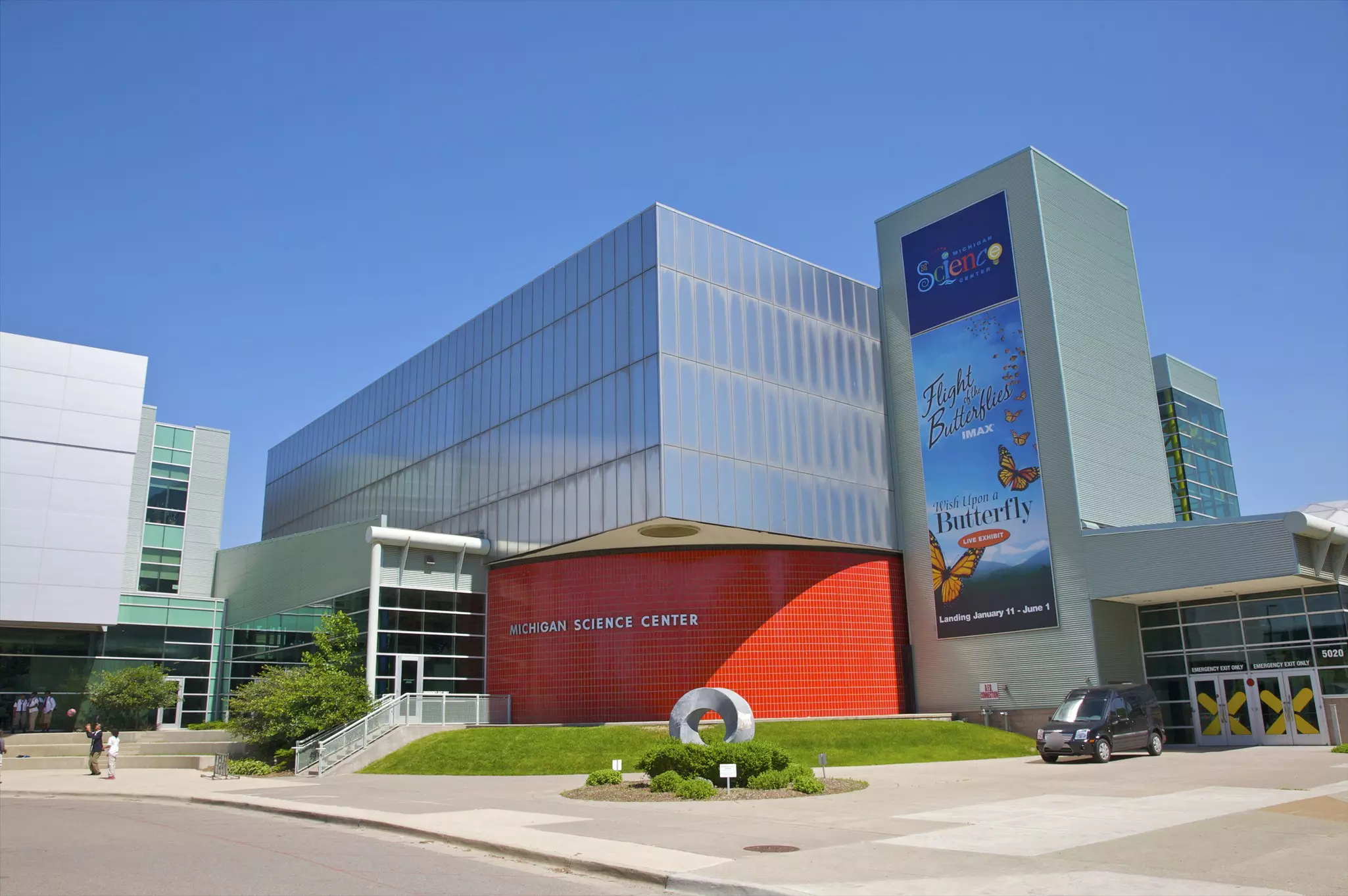 Main entrance to Museum/Science Center  designed in 1978 by architect William Kessler Associates in midtown cultural center adjacent to Detroit Institute of Arts and Charles H. Wright Museum of African American History.