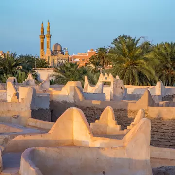 Sculpted mud-plaster rooftop walls in Ghadames, Libya, with palm trees and a twin-minaret domed mosque behind