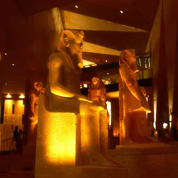 Stone figures inside The Grand Egyptian Museum 