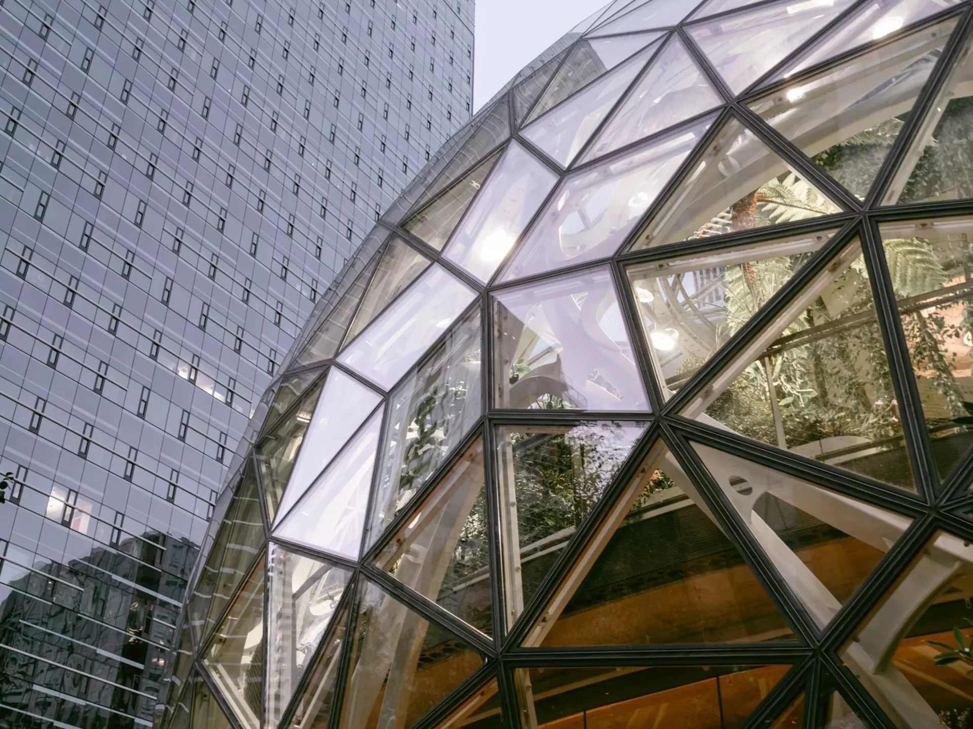Partial view of a spherical glass structure with plants inside, in front of a tall building mostly made of glass
