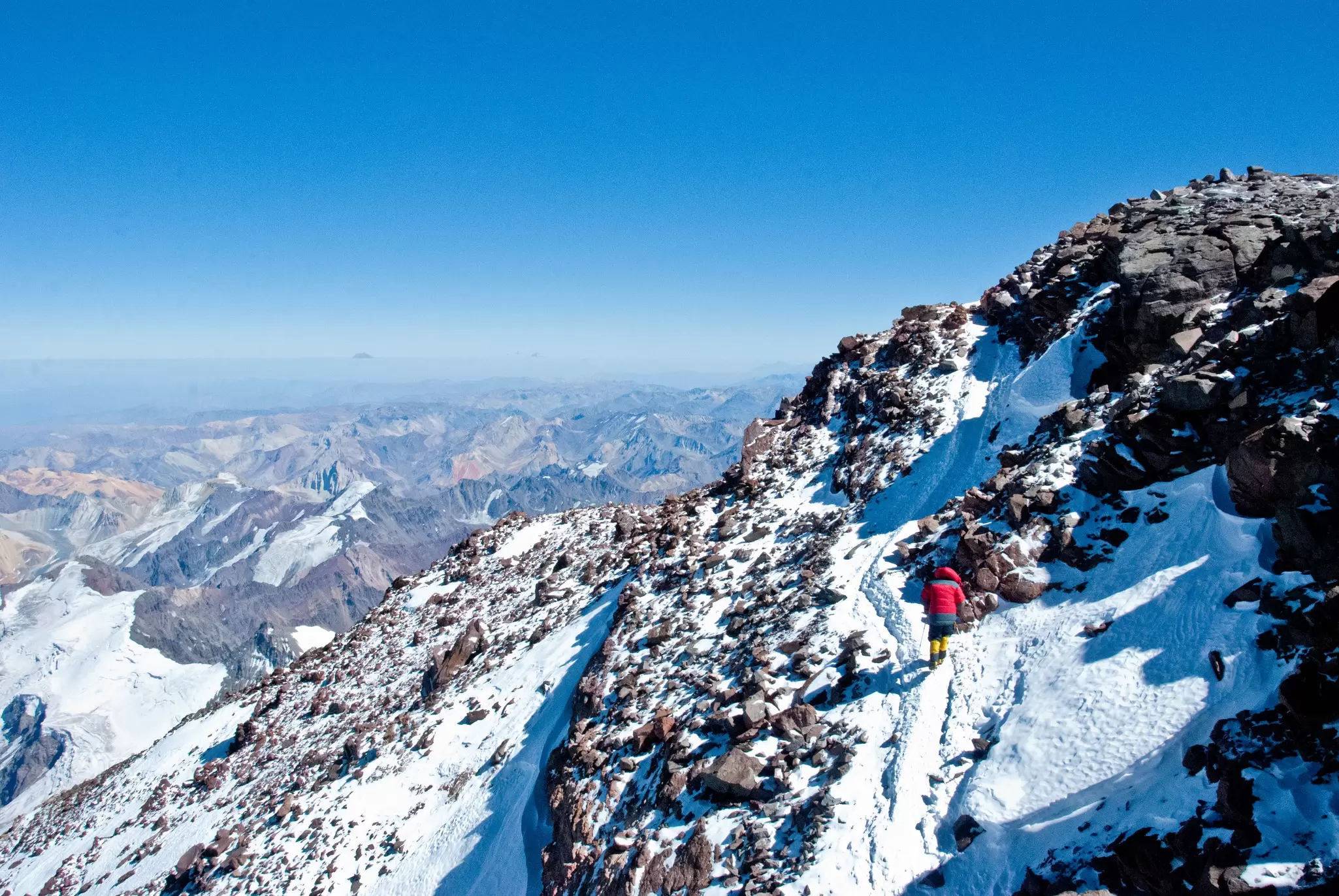 View of climbers on Aconcagua Mountain in the Aconcagua Provincial Park in Argentina.