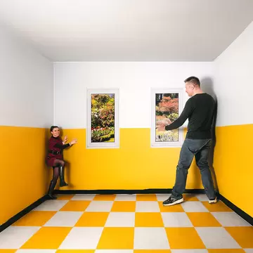 View of visitors at an exhibit at the Museum of Senses in Prague, Czechia.