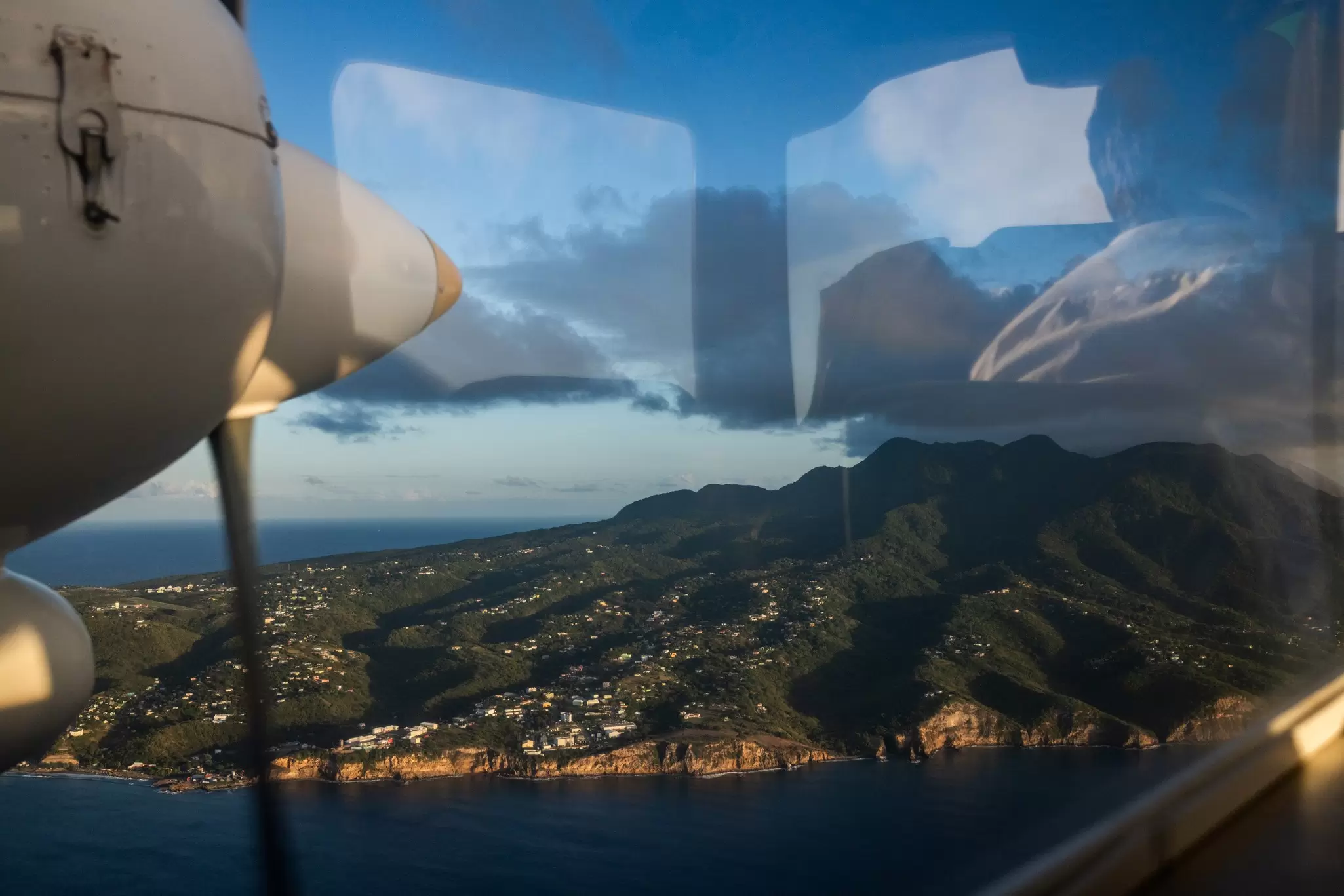 A view of the northwest side of the island of Monterrat from a Fly Montserrat small plane, one of the options available to visitors looking to travel to the island by air.