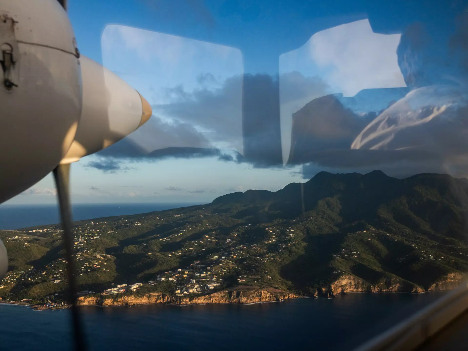 A view of the northwest side of the island of Monterrat from a Fly Montserrat small plane, one of the options available to visitors looking to travel to the island by air.