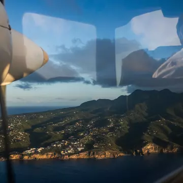 A view of the northwest side of the island of Monterrat from a Fly Montserrat small plane, one of the options available to visitors looking to travel to the island by air.