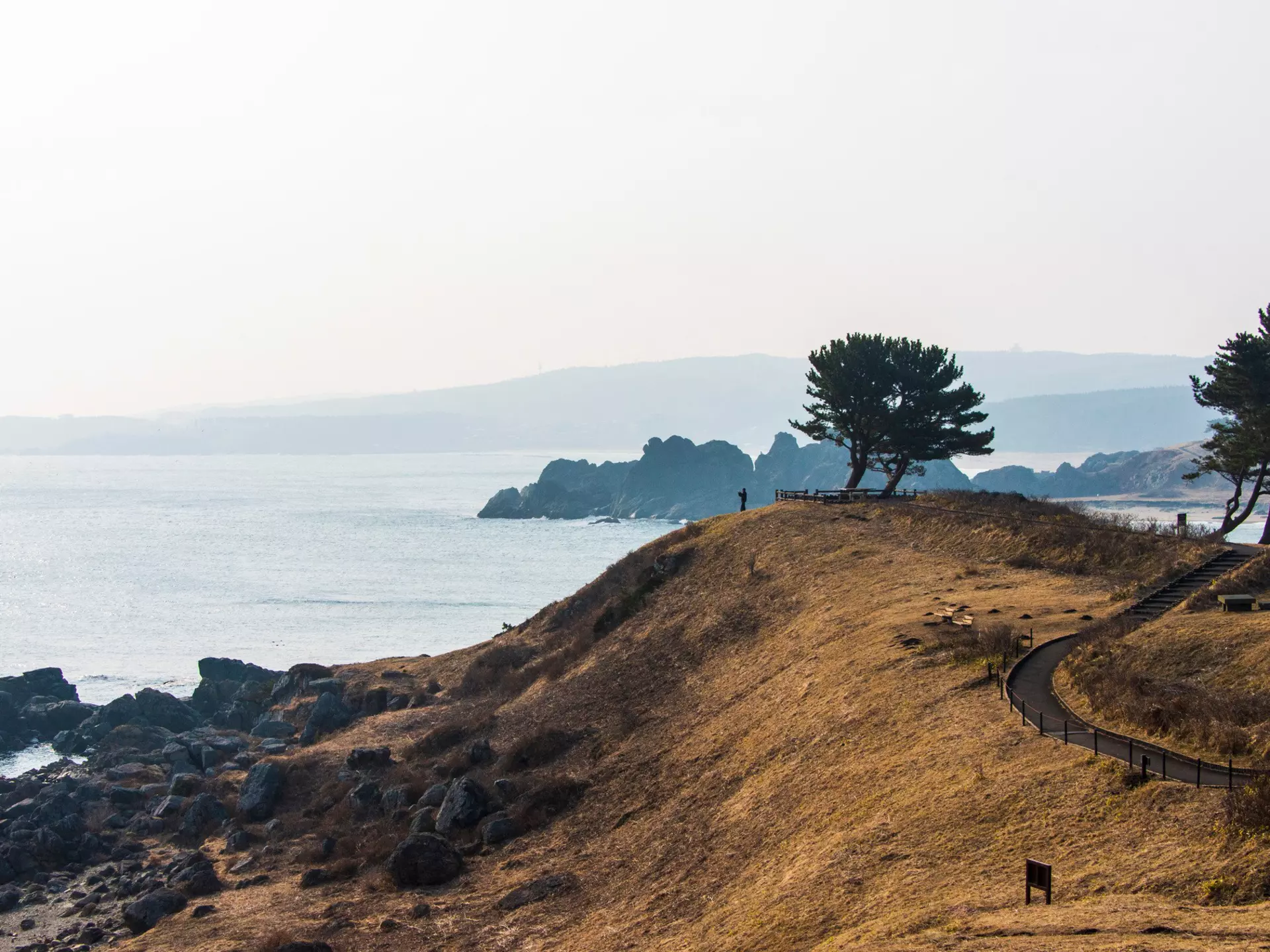 A coastal hiking trail along undulating cliffs. A single figure stands at the headland. 
