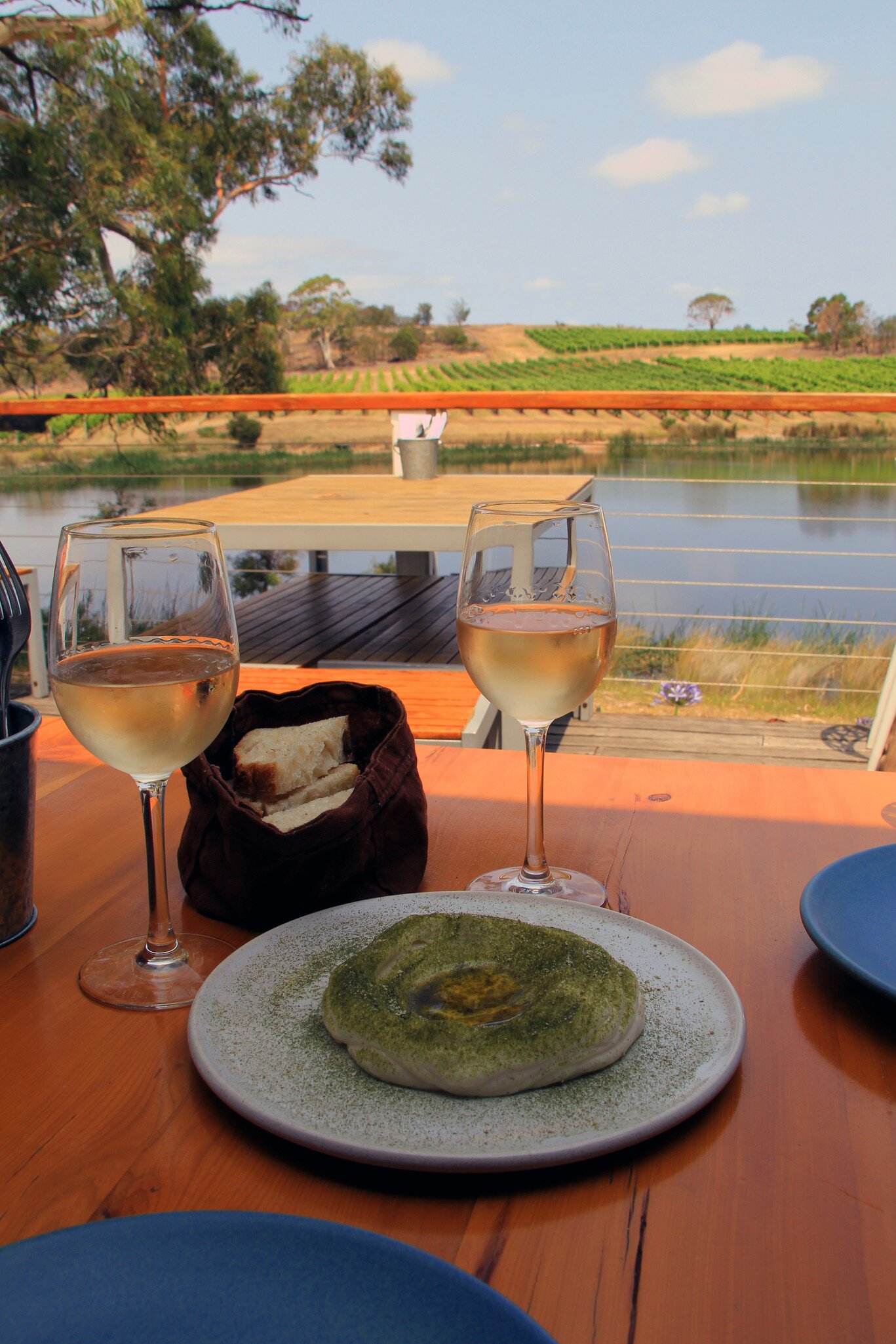 Cod roe with wakame dip, with a glass of pinot gris at Milton Vineyard, Tasmania, Australia.