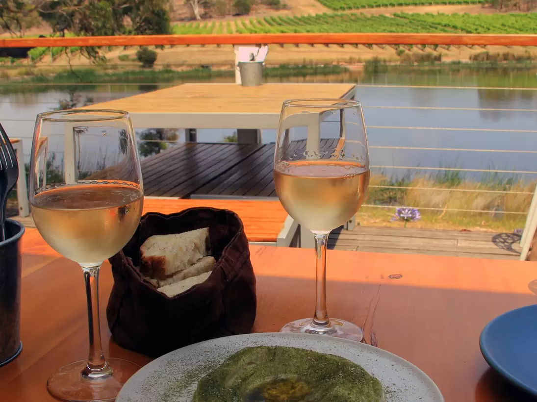 Cod roe with wakame dip, with a glass of pinot gris at Milton Vineyard, Tasmania, Australia.