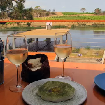 Cod roe with wakame dip, with a glass of pinot gris at Milton Vineyard, Tasmania, Australia.