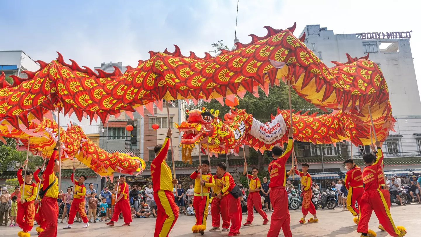 Dragon and lion dance show in the Tet festival in Vietnam.