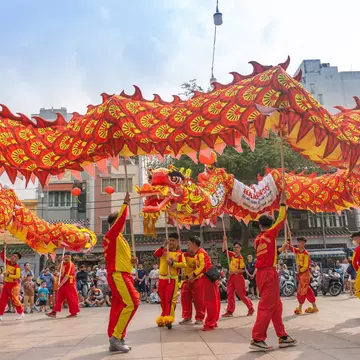Dragon and lion dance show in the Tet festival in Vietnam.