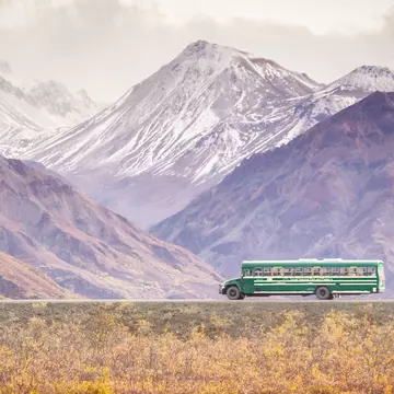 A green transit bus traveling through Denali National Park. Marcel Goldhardt/Shutterstock