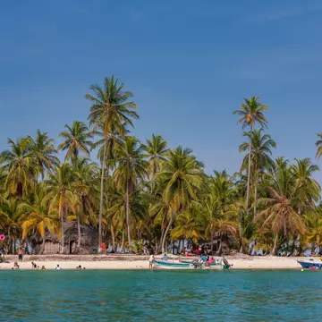 Palm trees back a white sand beach; a few boats are pulled up on the sand, and some people are in the blue water.