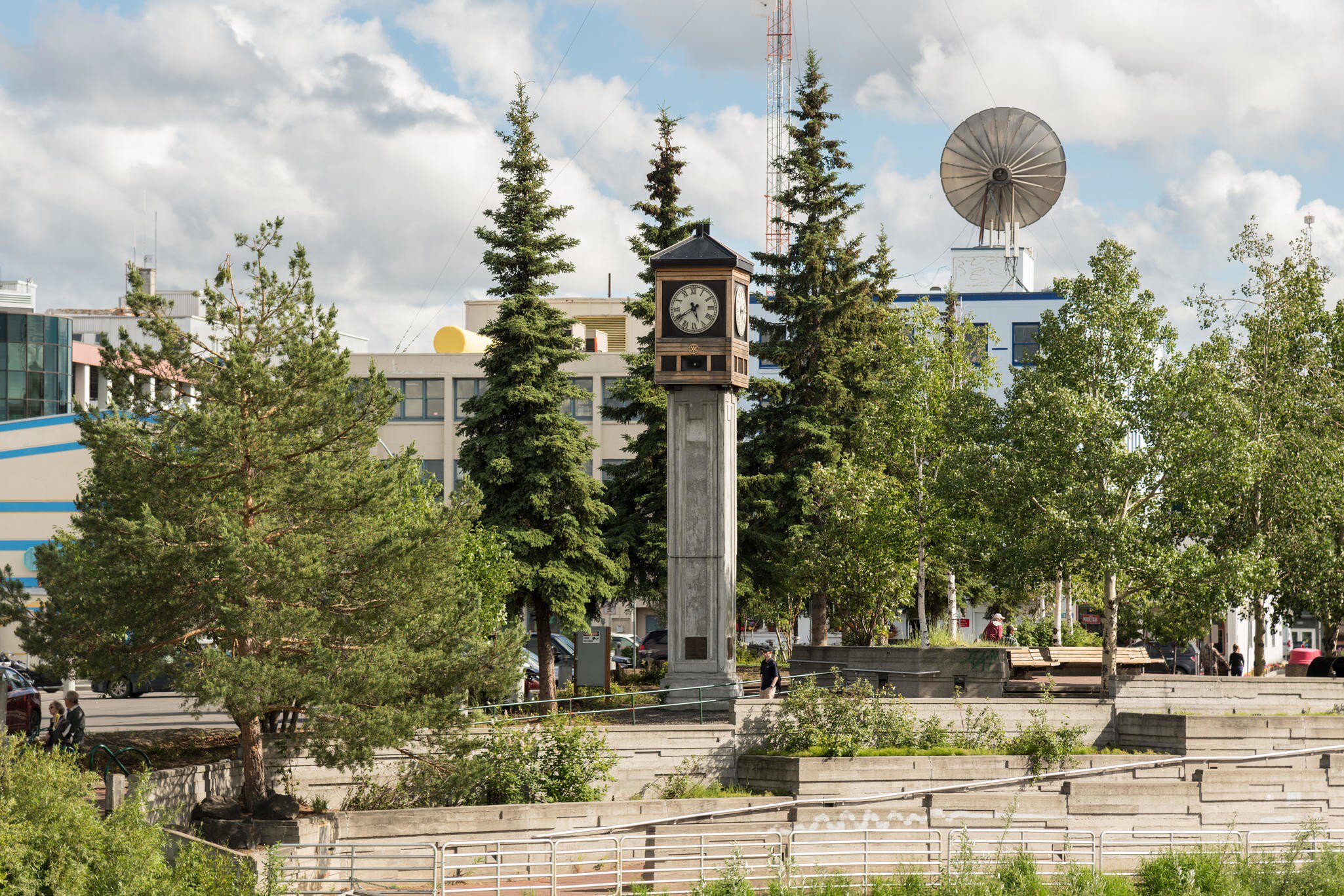 P6K192 Golden Heart Plaza and the Fairbanks Rotary Club Clock, downtown in Fairbanks, Alaska. The downtown plaza was built to celebrate the silver anniversary of Alaska statehood in 1984.
P6K192
Golden, Heart, Plaza, park, downtown, clock, tower, Fairbanks, Alaska, spring, landmark, sightseeing, statue, nobody, no, people, travel, destination, architecture, architectural, building, outdoors, scenic, public, space, general, view, horizontal
**RIGHTS MANAGED** Golden Heart Plaza and the Fairbanks Rotary Club Clock, downtown in Fairbanks, Alaska. The downtown plaza was built to celebrate the silver anniversary of Alaska statehood in 1984.