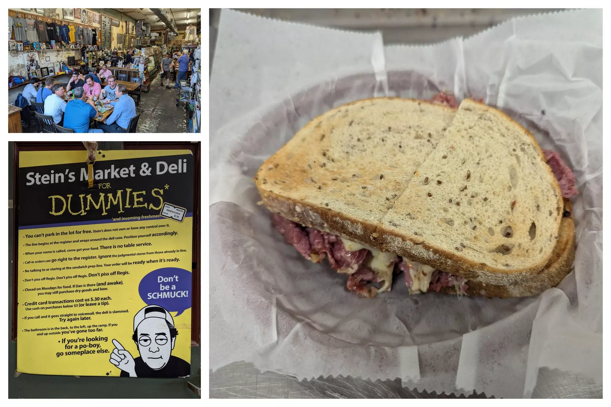 Interior of a busy deli with people sat at large tables, a lightly toasted sandwich with meat and sauce, and a poster about the deli rules.