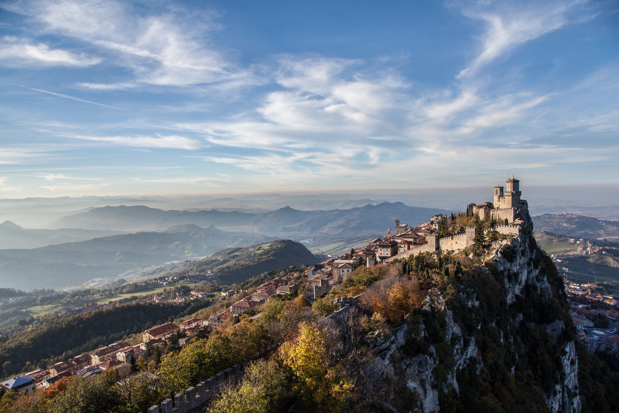 Landscape with the oldest tower in the Guaita Castle - San Marino.