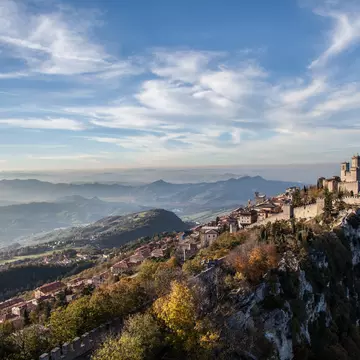 Landscape with the oldest tower in the Guaita Castle - San Marino.