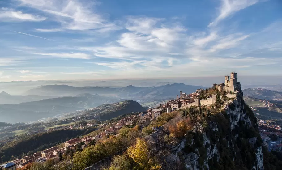 Landscape with the oldest tower in the Guaita Castle - San Marino.