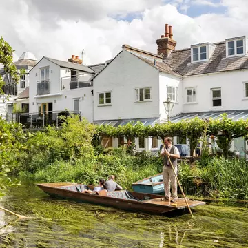 Medieval half-timber houses and Stour river in Canterbury Old Town, Kent, England