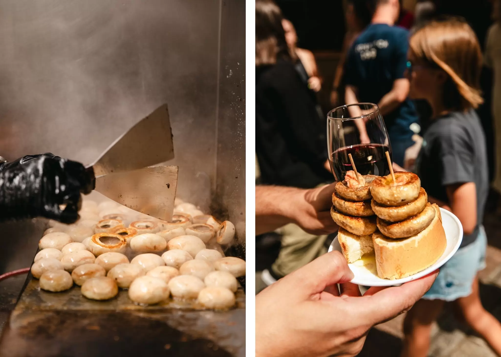 Mushrooms being prepared for pintxos, and a waiter serving mushroom pintxos and a glass of wine, Logroño, Spain.