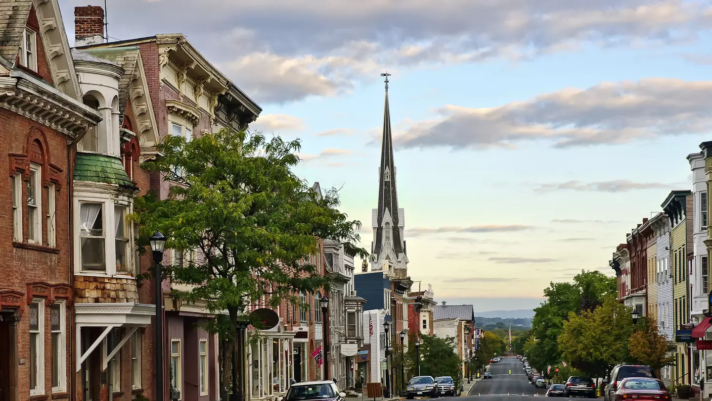 Warren Street at dawn in Hudson, New York.
