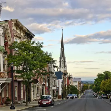 Warren Street at dawn in Hudson, New York.
