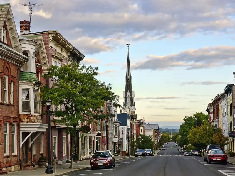 Warren Street at dawn in Hudson, New York.
