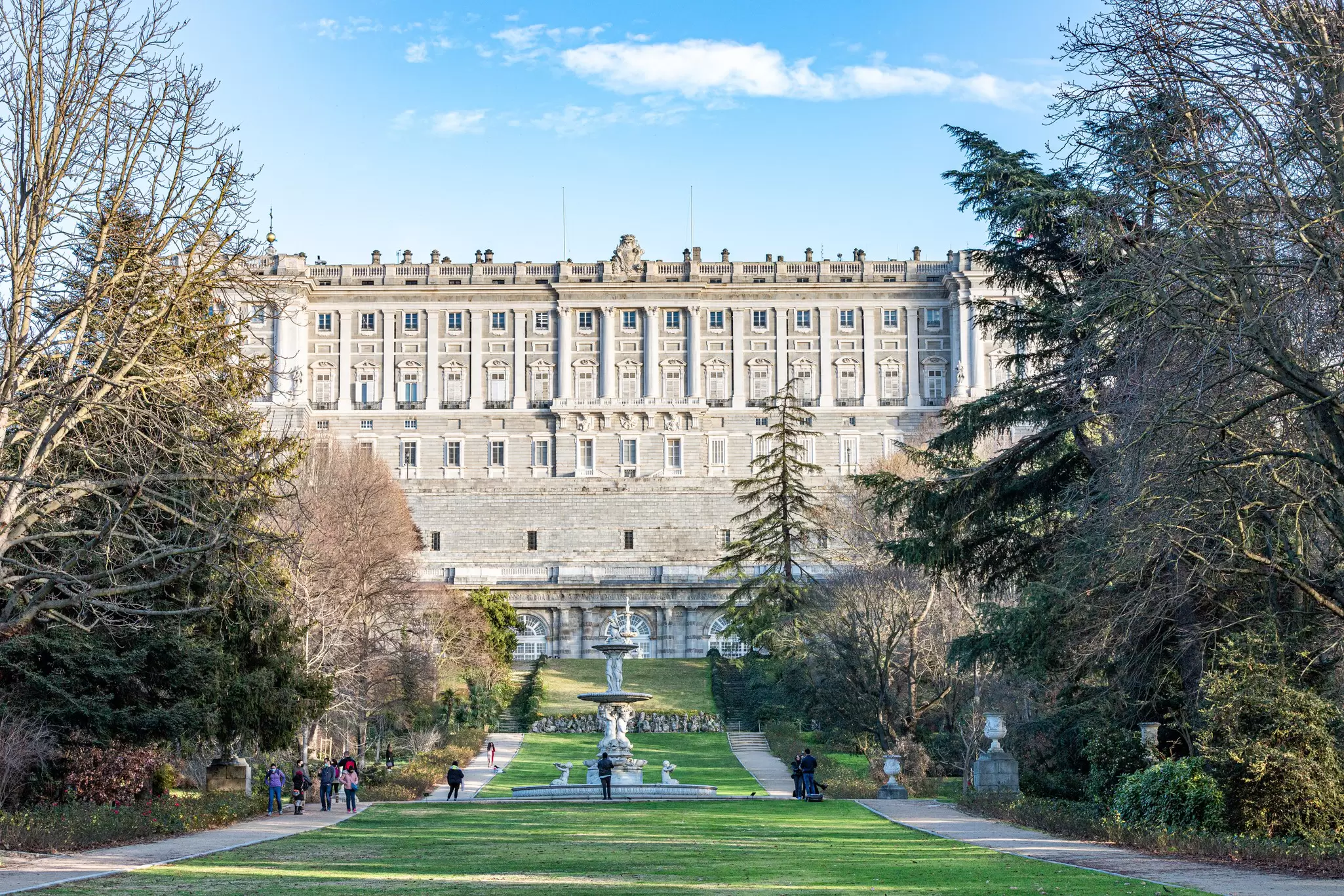 View over the gardens of Campo del Moro towards the Palacio Real in Madrid, Spain.