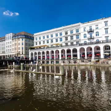 The Venetian-inspired Alsterarkaden sits along Lake Kleine Alster in Hamburg, Germany.