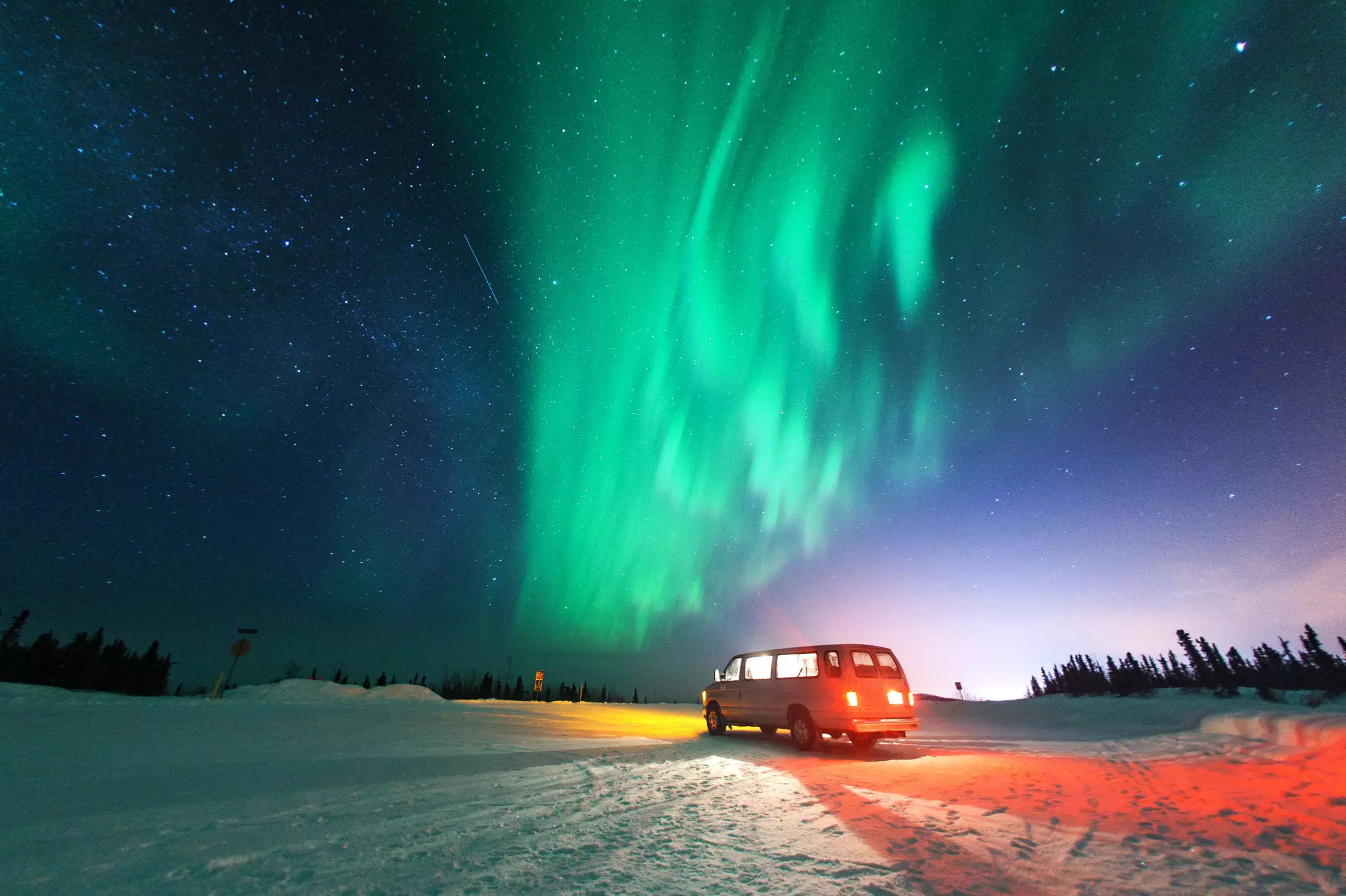 558797669
Northern lights with a van at Aurora Skiland near Fairbanks