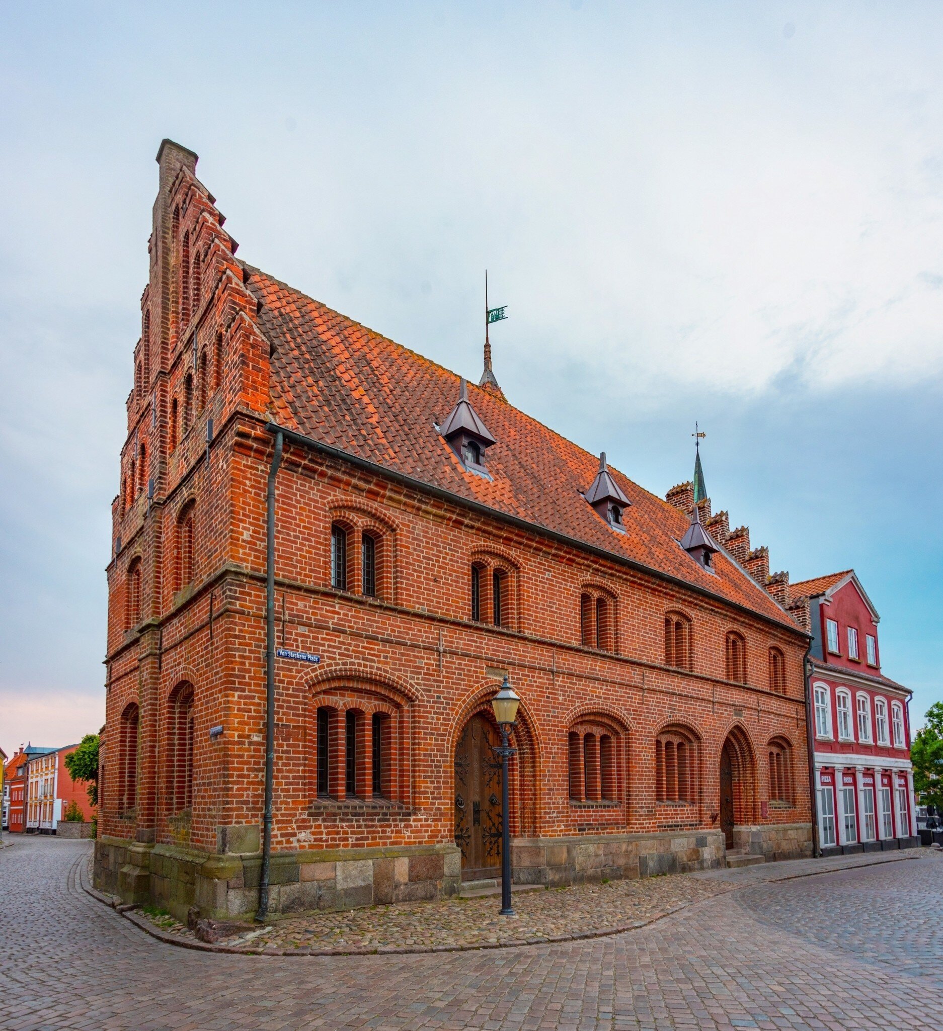 Facade of the old town hall in Danish town Ribe, Jutland, Denmark.