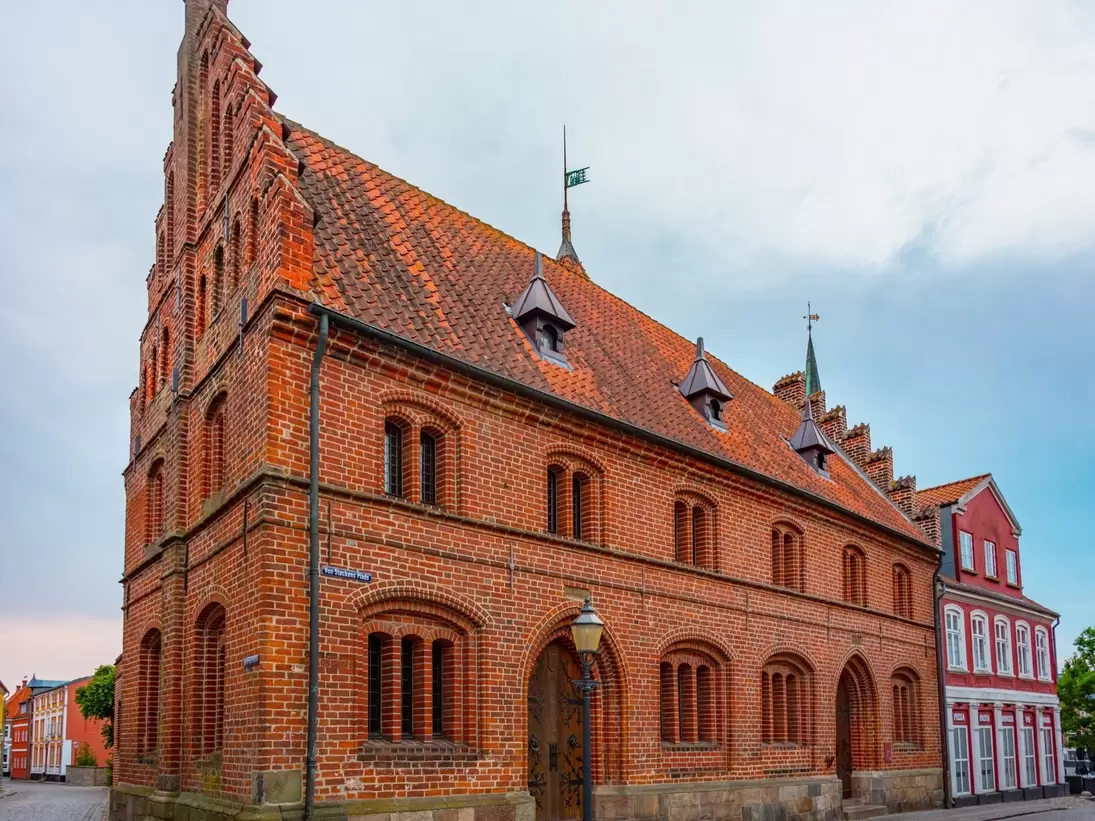 Facade of the old town hall in Danish town Ribe, Jutland, Denmark.