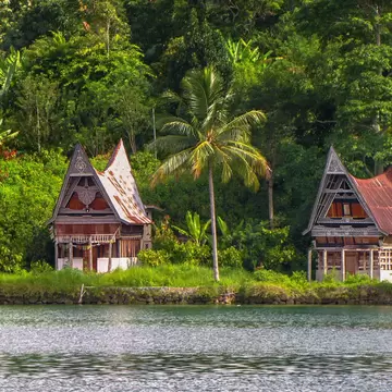 Traditional Batak houses on the shore of Samosir Island