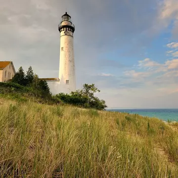 South Manitou Island Lighthouse at Sleeping Bear Dunes National Lakeshore, Michigan, USA overlooking the sea