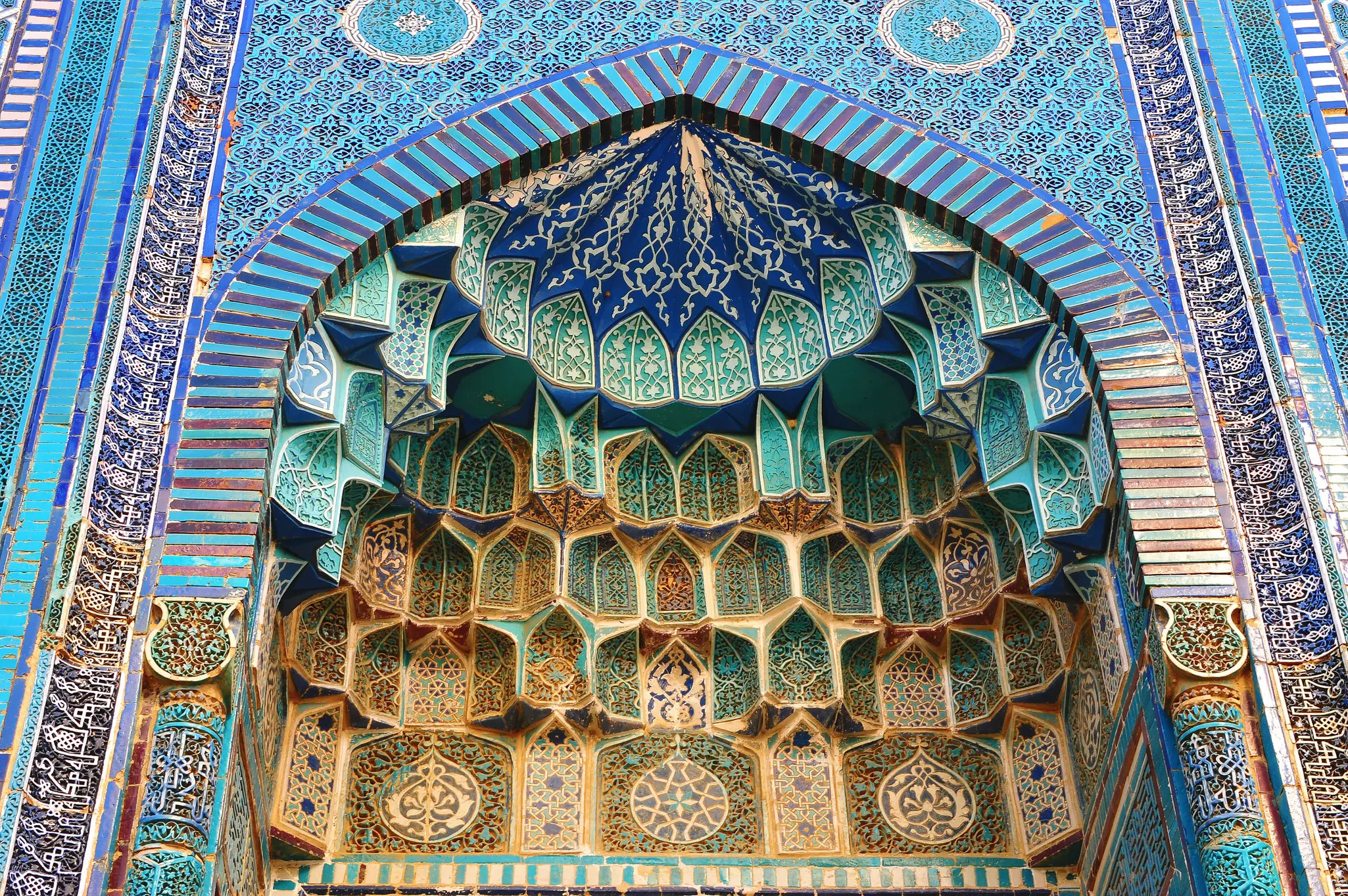 The rich tilework of a Shah-I-Zinda mausoleum exterior