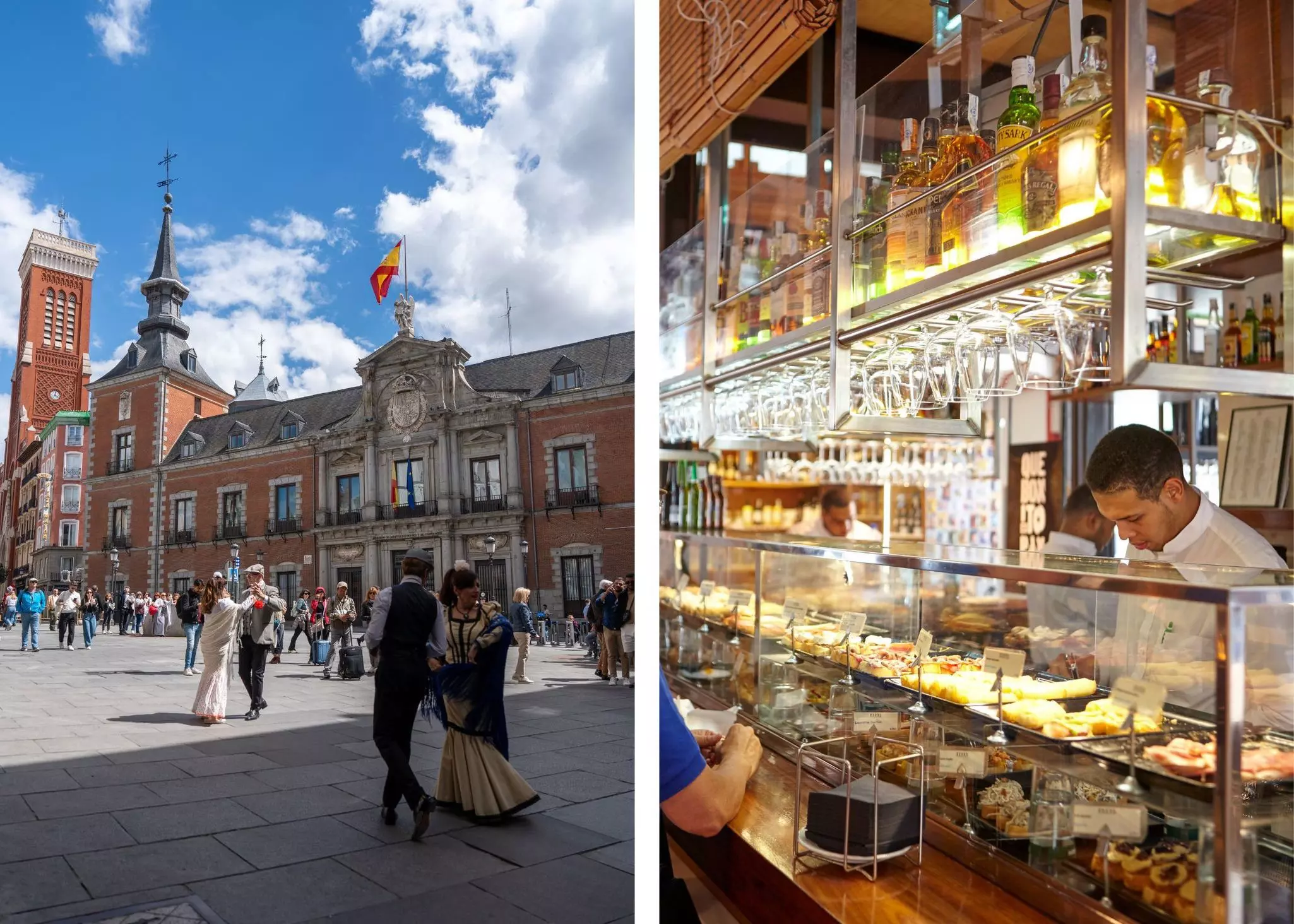 People dancing in Plaza Mayor in Madrid; Inside Mercado de San Miguel in Madrid.