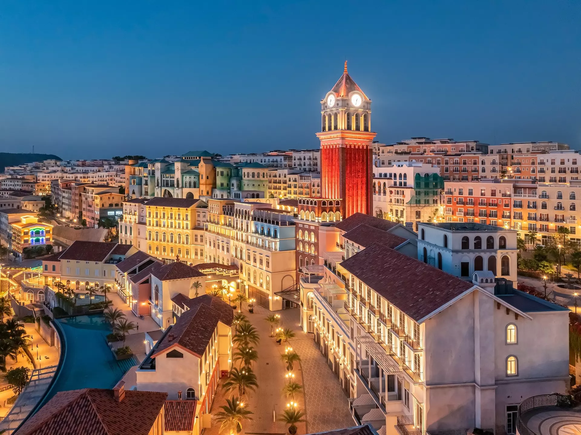 Nighttime view over the streets of Sunset Town on Phu Quoc island, Vietnam.