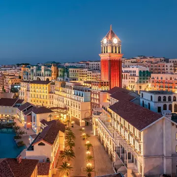 Nighttime view over the streets of Sunset Town on Phu Quoc island, Vietnam.