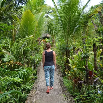 A woman walks down a jungle boardwalk in Guatemala