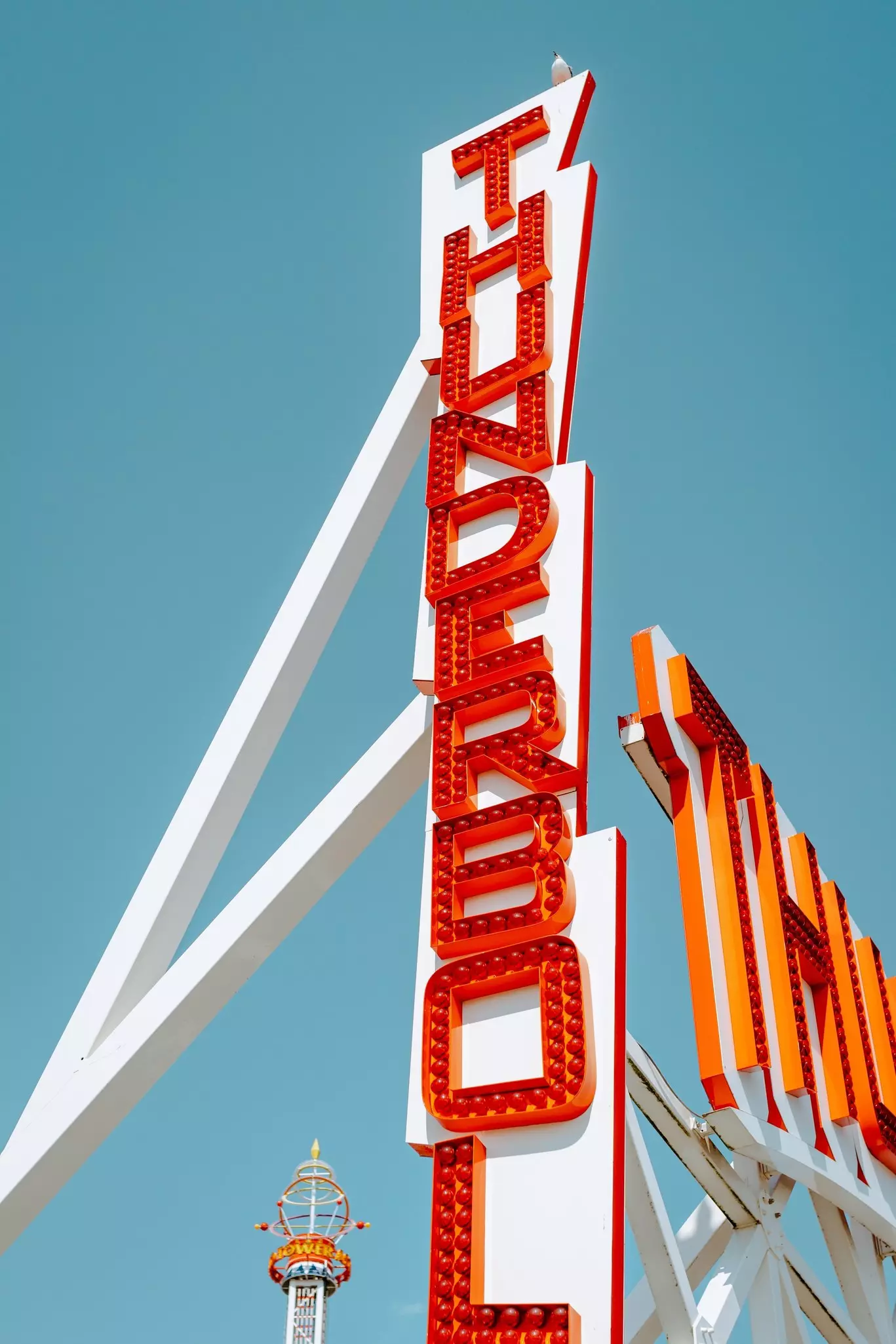 View from the Coney Island boardwalk of the Thunderbolt roller coaster sign