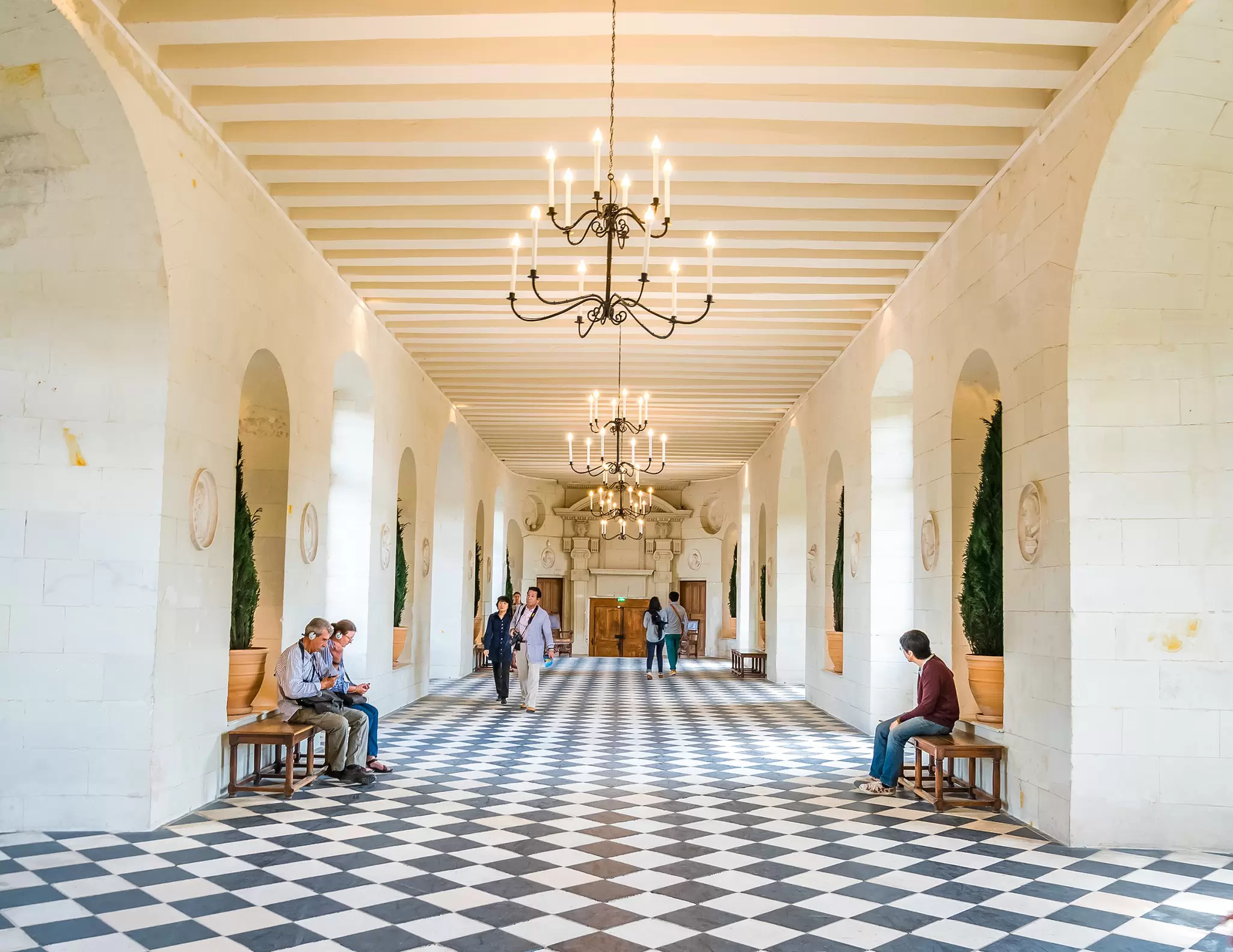 View of the checkerboard-floored Grande Galerie of the Château de Chenonceau in the Loire Valley, France.