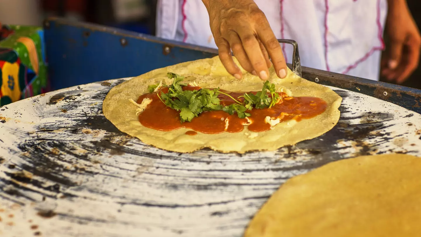 A chef's hand making a quesadilla with yellow mole (mole amarillo) from the Mexican state of Oaxaca