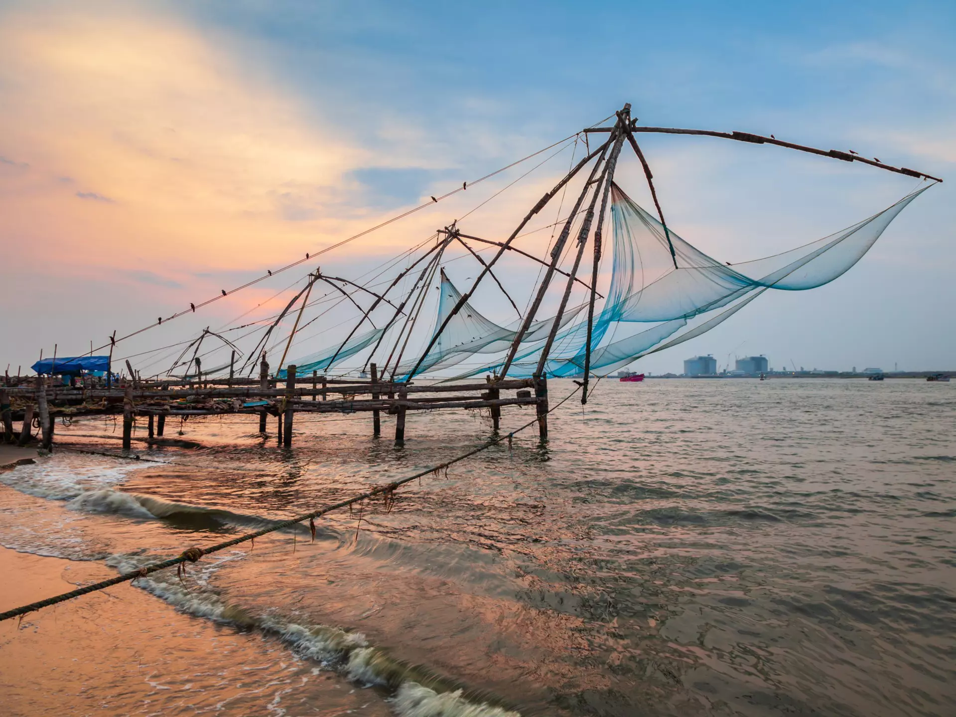 Chinese fishing nets (cheena vala) are a type of stationary lift net on the shore of Fort Kochi.