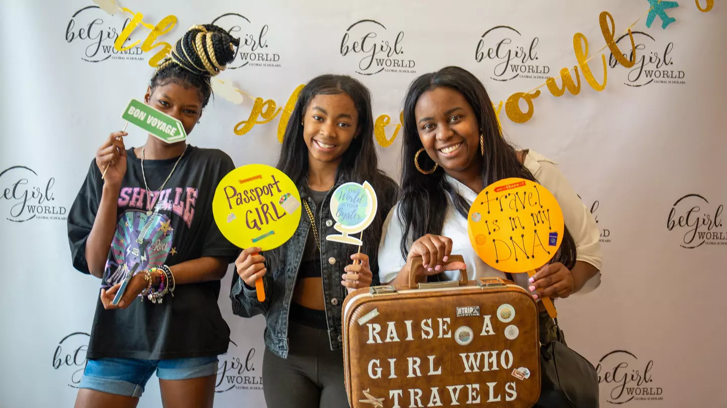 beGirl.world Global Ambassadors pose at a passport event in Philadelphia on September 9, 2023 © Ireashia Bennett