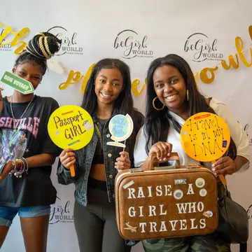 beGirl.world Global Ambassadors pose at a passport event in Philadelphia on September 9, 2023 © Ireashia Bennett