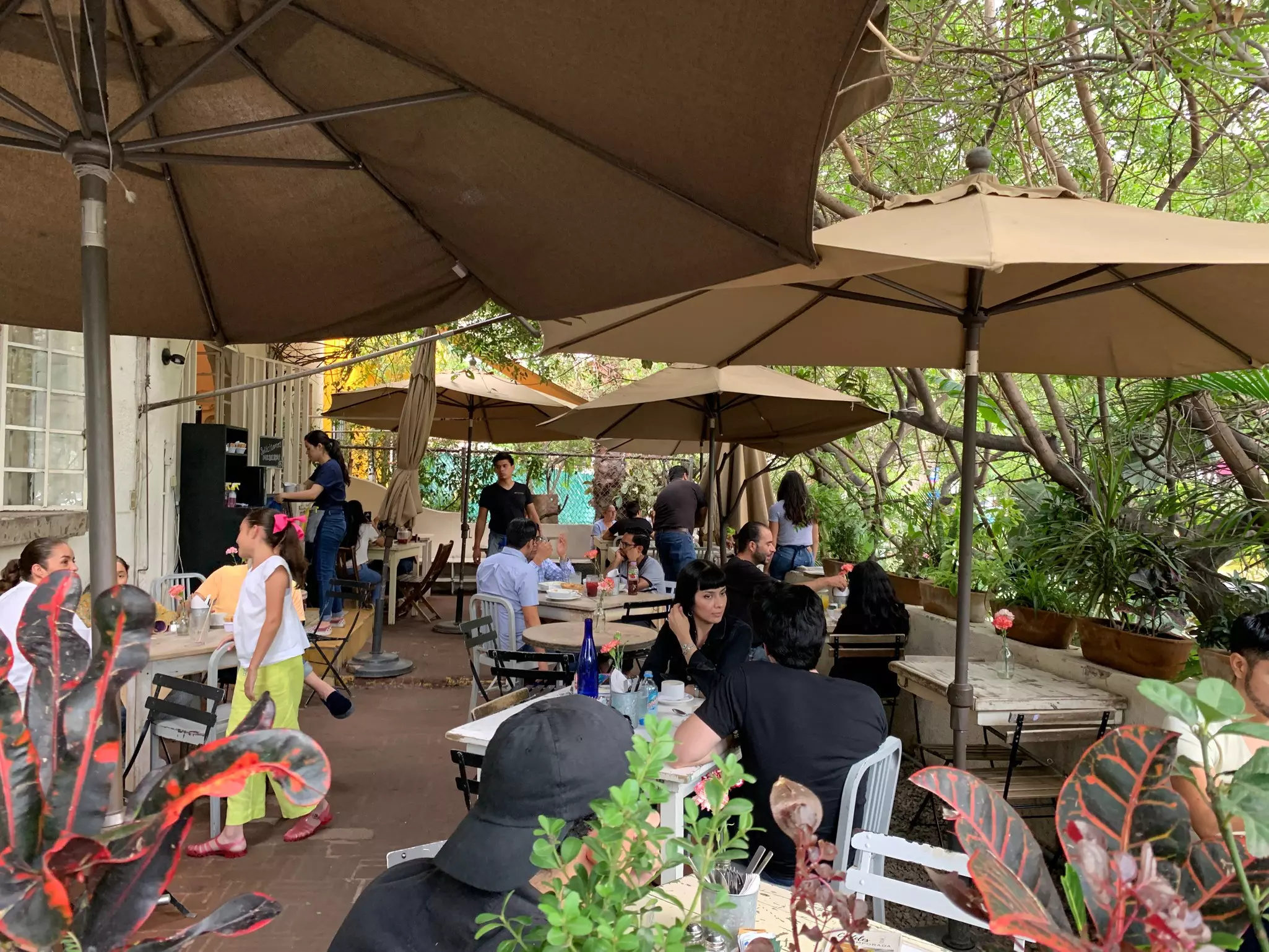 People at a cafe sit outdoors at wooden tables under brown umbrellas