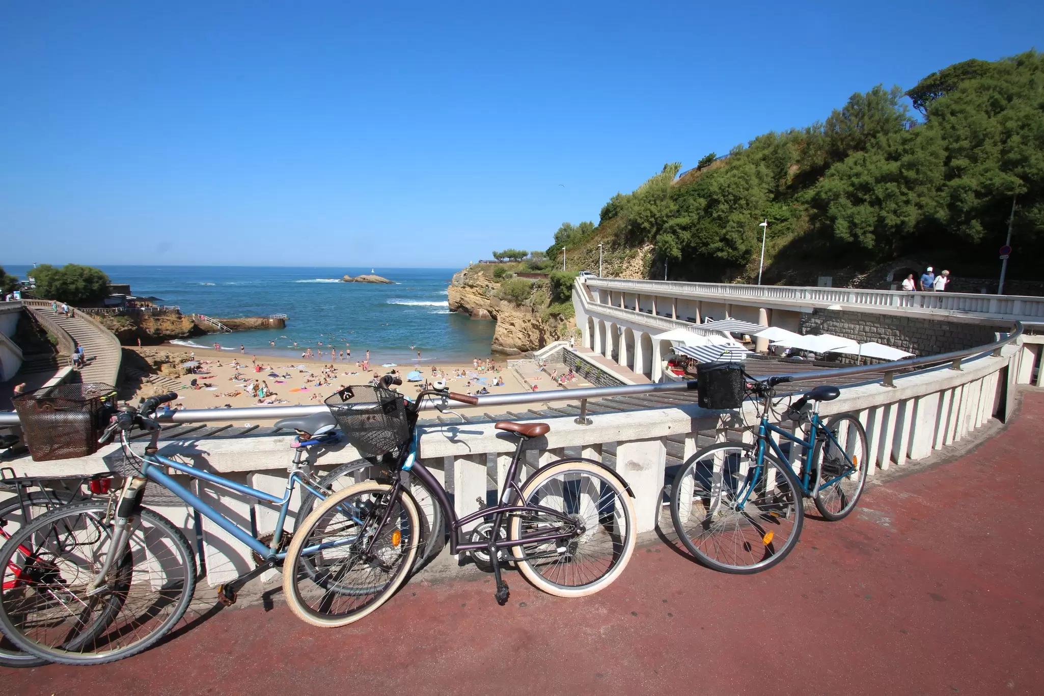 Bicycles parked by the beach in Biarritz, France. 