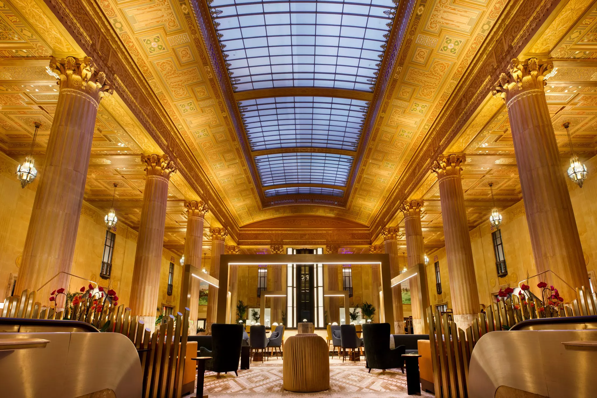 The Great Hall at The National in Oklahoma City, with ornate pillars and a skylight ceiling